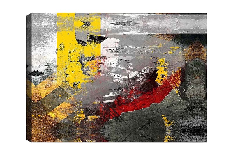 Lærred 70x100 cm - Abstrakt komposition med stærke farver og dynamiske former, Gul / Rød / Grå