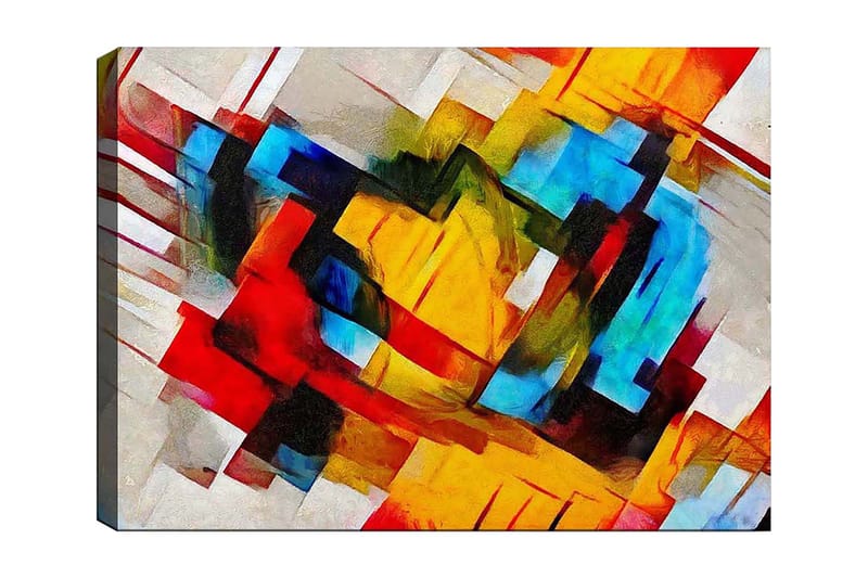 Lærred 70x100 cm - Abstrakt komposition med stærke farver og dynamiske former, Rød / Blå / Gul