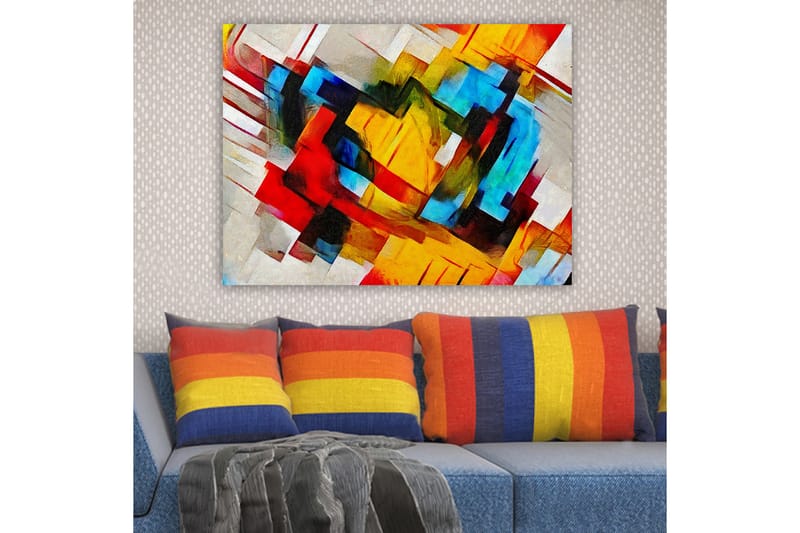 Lærred 70x100 cm - Abstrakt komposition med stærke farver og dynamiske former - Rød / Blå / Gul - Boligtilbehør - Billeder & kunst - Billeder på lærred