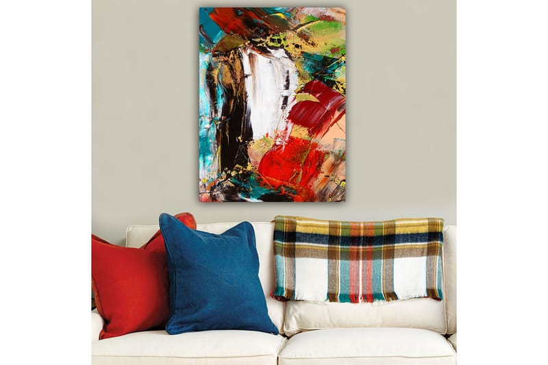 Lærred 70x100 cm - Abstrakt komposition med stærke farver og dynamiske former - Rød / Sort / Grøn - Boligtilbehør - Billeder & kunst - Billeder på lærred