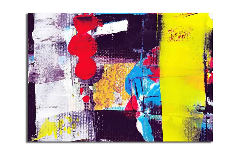 Lærred 70x100 cm - Abstrakt komposition med stærke farver og geometriske former, Rød / Gul / Blå