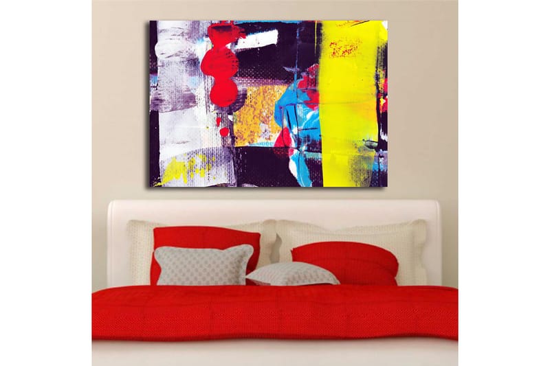 Lærred 70x100 cm - Abstrakt komposition med stærke farver og geometriske former - Rød / Gul / Blå - Boligtilbehør - Billeder & kunst - Billeder på lærred
