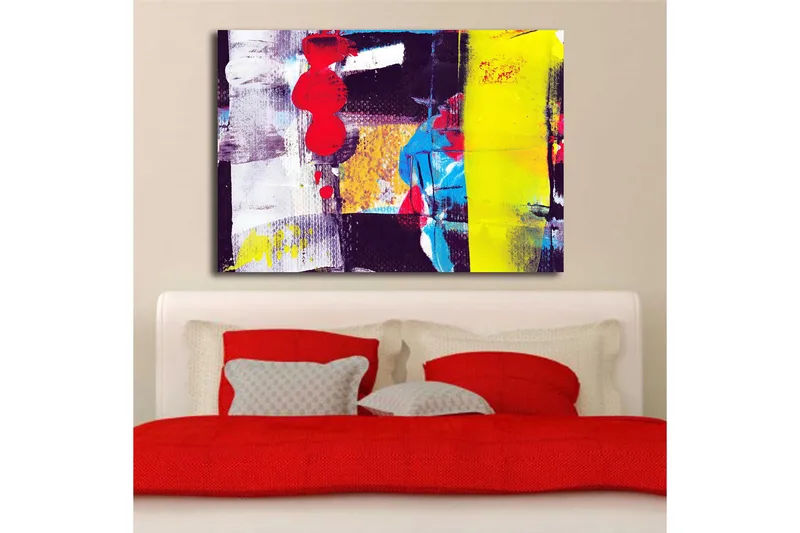 Lærred 70x100 cm - Abstrakt komposition med stærke farver og geometriske former - Rød / Gul / Blå - Boligtilbehør - Billeder & kunst - Billeder på lærred