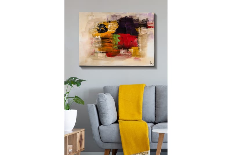 Lærred 70x100 cm - Abstrakt komposition med stærke farver og teksturer, Gul / Rød / Lilla