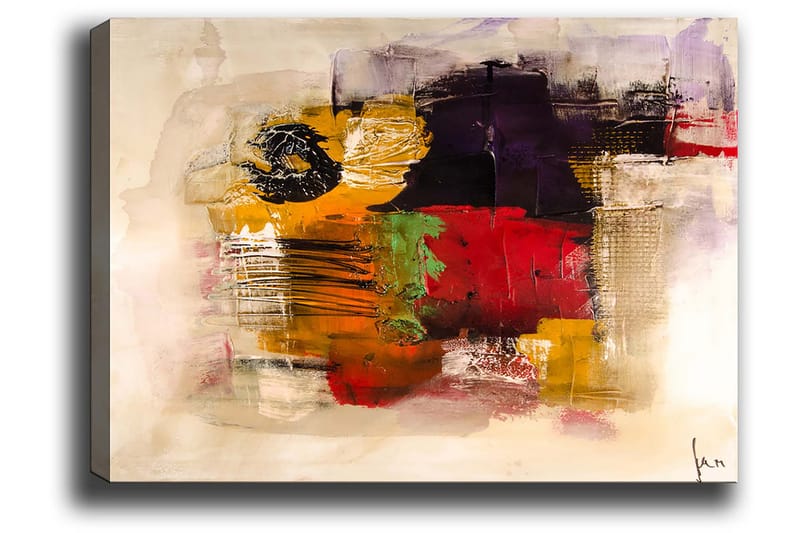 Lærred 70x100 cm - Abstrakt komposition med stærke farver og teksturer - Gul / Rød / Lilla - Boligtilbehør - Billeder & kunst - Billeder på lærred