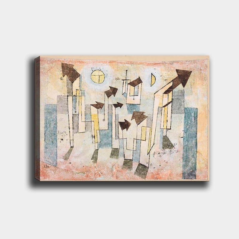 Lærred 70x100 cm - Abstrakt komposition med stiliserede huse og pile, der peger opad, Beige / Grøn / Blå