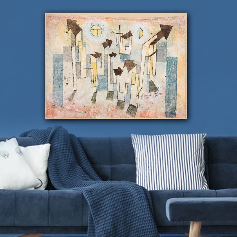 Lærred 70x100 cm - Abstrakt komposition med stiliserede huse og pile, der peger opad - Beige / Grøn / Blå - Boligtilbehør - Billeder & kunst - Billeder på lærred