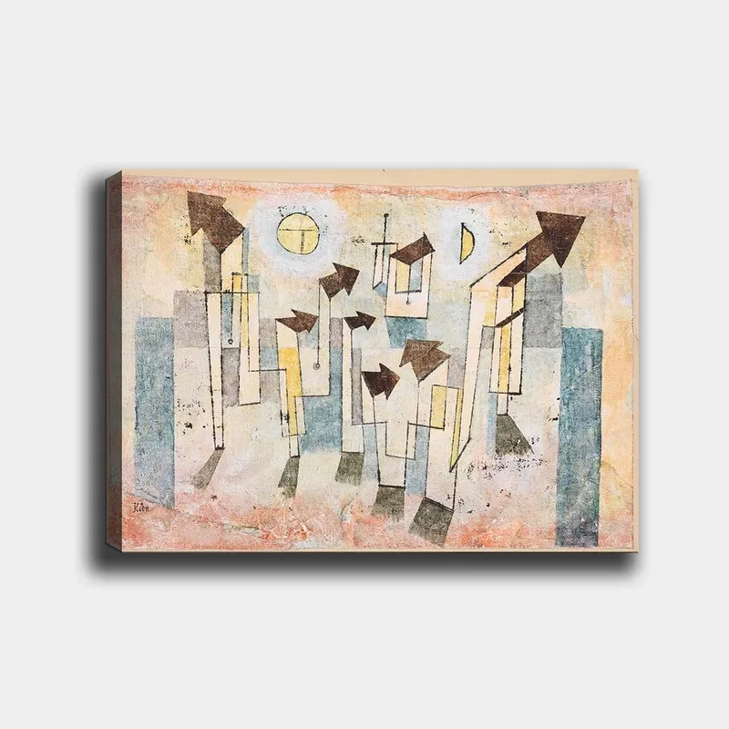 Lærred 70x100 cm - Abstrakt komposition med stiliserede huse og pile, der peger opad, Beige / Grøn / Blå