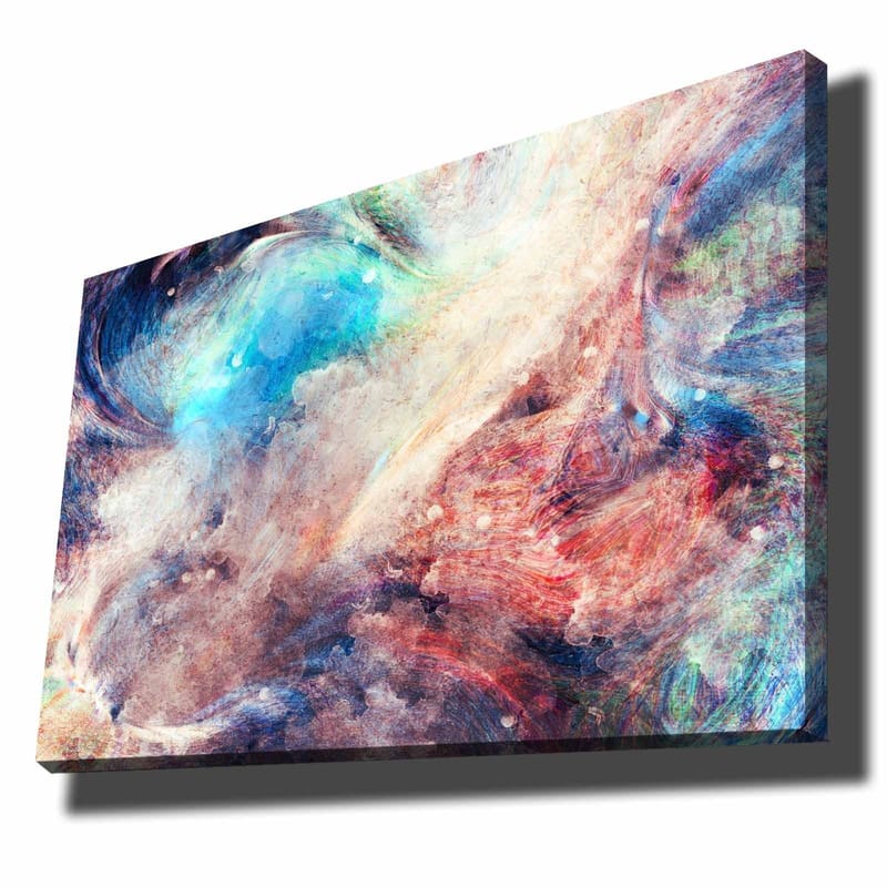 Lærred 70x100 cm - Abstrakt komposition med svævende farver, der skaber en følelse af bevægelse og dybde, Blå / Rød / Beige