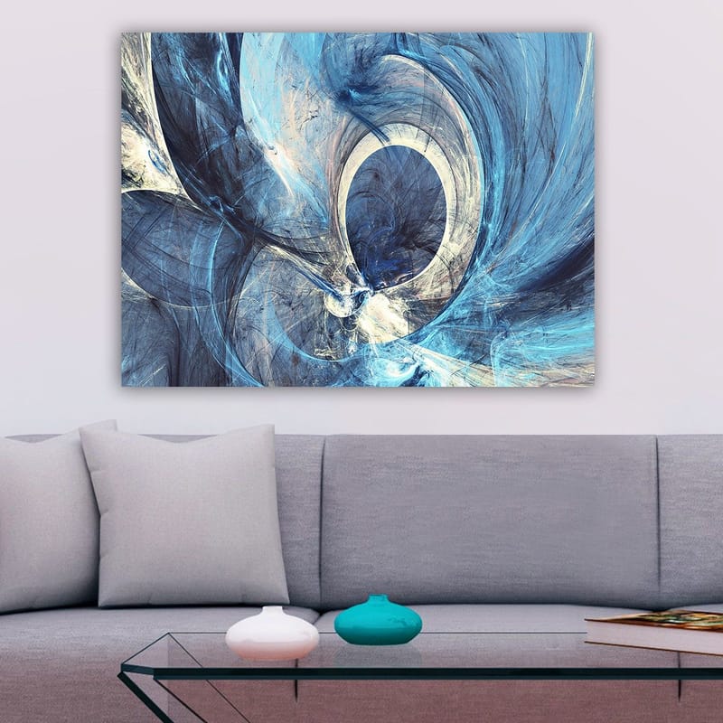 Lærred 70x100 cm - Abstrakt komposition med svingende former i blå nuancer - Mørkeblå / Lyseblå / Hvid - Boligtilbehør - Billeder & kunst - Billeder på lærred