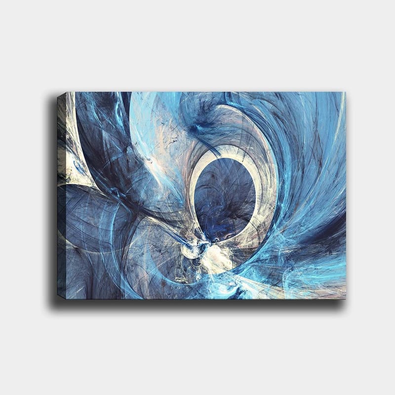 Lærred 70x100 cm - Abstrakt komposition med svingende former i blå nuancer, Mørkeblå / Lyseblå / Hvid