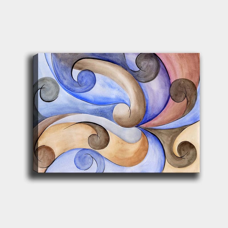 Lærred 70x100 cm - Abstrakt komposition med svingende former i harmoniske farver - Blå / Beige / Brun - Boligtilbehør - Billeder & kunst - Billeder på lærred