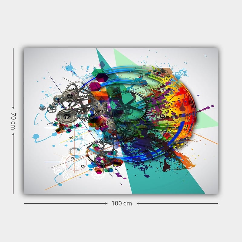 Lærred 70x100 cm - Abstrakt komposition med tandhjul og farverige sprays, der symboliserer bevægelse og teknologi - Turkis / Rød / Lilla - Boligtilbehør - Billeder & kunst - Billeder på lærred