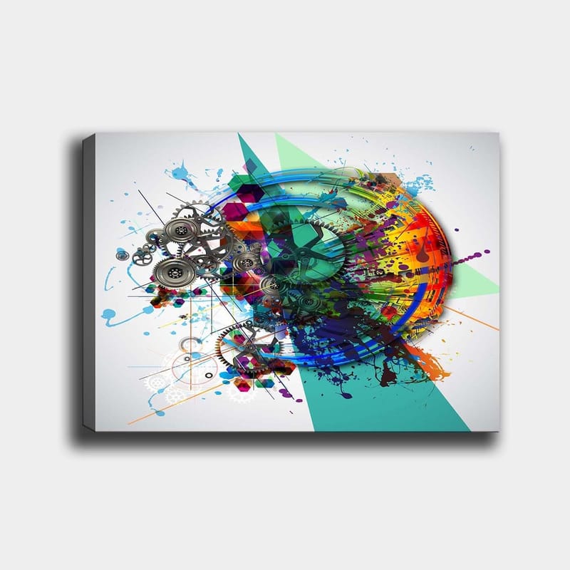 Lærred 70x100 cm - Abstrakt komposition med tandhjul og farverige sprays, der symboliserer bevægelse og teknologi, Turkis / Rød / Lilla