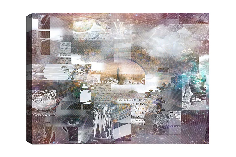 Lærred 70x100 cm - Abstrakt komposition med tekstelementer og forskellige former, der skaber en følelse af dybde og mystik, Lilla / Grå / Hvid