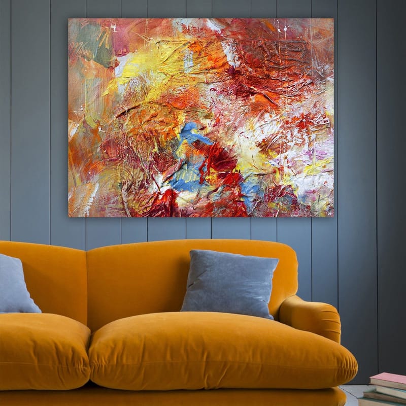 Lærred 70x100 cm - Abstrakt komposition med varme farver, der skaber en følelse af bevægelse og energi - Rød / Orange / Gul - Boligtilbehør - Billeder & kunst - Billeder på lærred