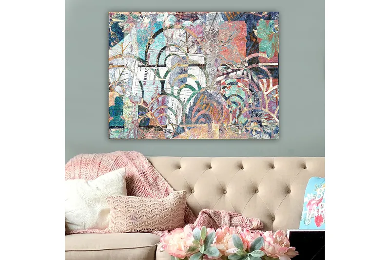 Lærred 70x100 cm - Abstrakt komposition med plantemotiver og teksturer, der skaber en følelse af dybde og bevægelse - Turkis / Rød / Grøn - Boligtilbehør - Billeder & kunst - Billeder på lærred