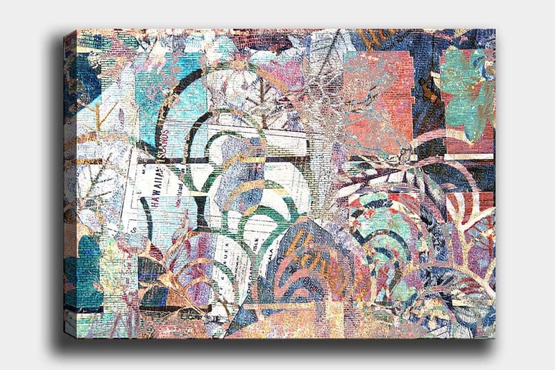 Lærred 70x100 cm - Abstrakt komposition med plantemotiver og teksturer, der skaber en følelse af dybde og bevægelse, Turkis / Rød / Grøn