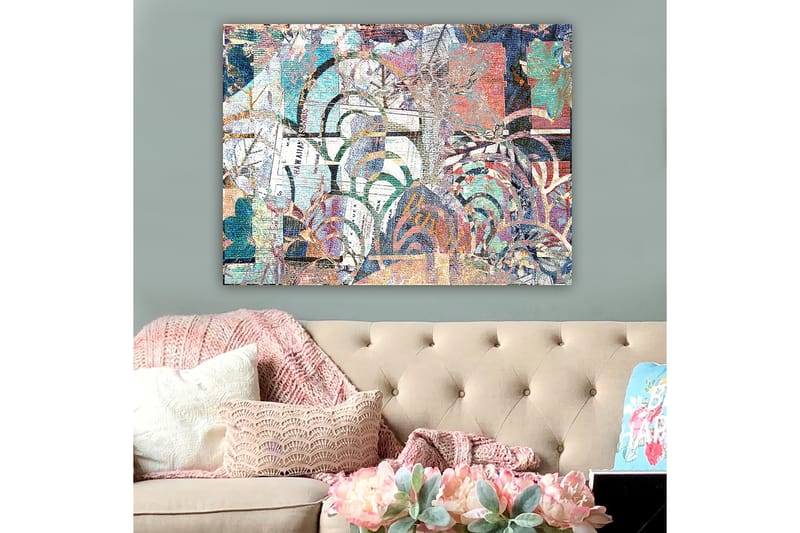 Lærred 70x100 cm - Abstrakt komposition med plantemotiver og teksturer, der skaber en følelse af dybde og bevægelse - Turkis / Rød / Grøn - Boligtilbehør - Billeder & kunst - Billeder på lærred