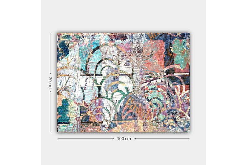 Lærred 70x100 cm - Abstrakt komposition med plantemotiver og teksturer, der skaber en følelse af dybde og bevægelse - Turkis / Rød / Grøn - Boligtilbehør - Billeder & kunst - Billeder på lærred