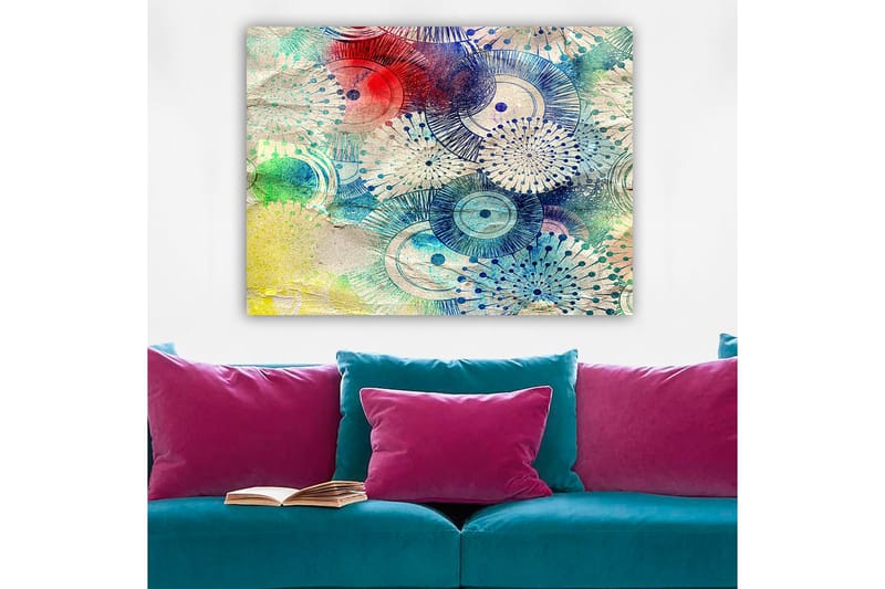 Lærred 70x100 cm - Abstrakt kunst med cirkulære mønstre i forskellige farver, Blå / Rød / Grøn