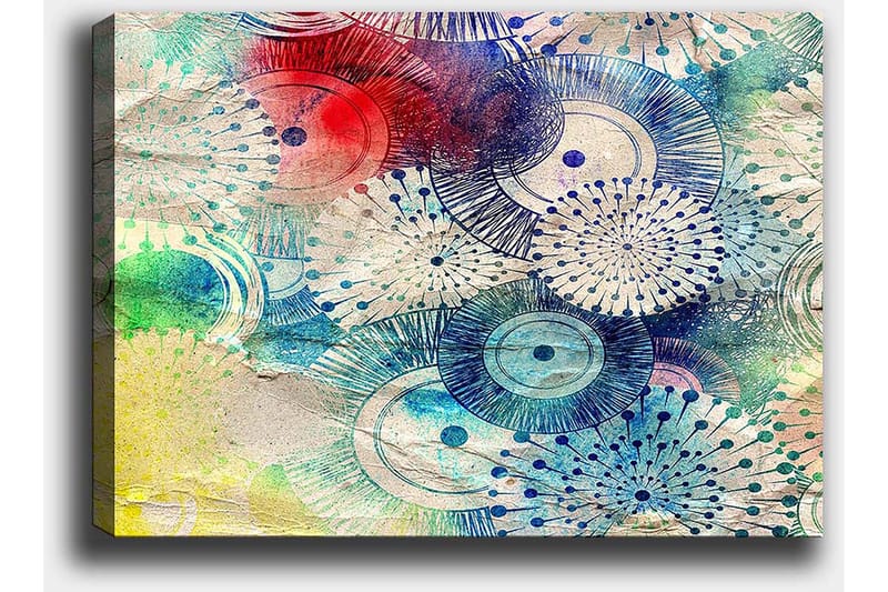 Lærred 70x100 cm - Abstrakt kunst med cirkulære mønstre i forskellige farver - Blå / Rød / Grøn - Boligtilbehør - Billeder & kunst - Billeder på lærred