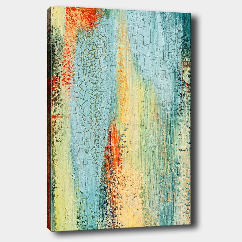 Lærred 70x100 cm - Abstrakt kunst med elementer af blå og orange nuancer, der skaber en dynamisk tekstur - Blå / Orange / Grøn - Boligtilbehør - Billeder & kunst - Billeder på lærred