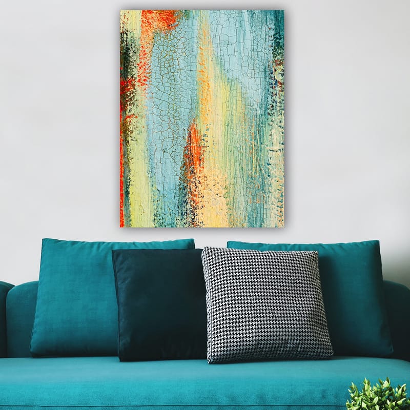 Lærred 70x100 cm - Abstrakt kunst med elementer af blå og orange nuancer, der skaber en dynamisk tekstur, Blå / Orange / Grøn