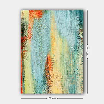 Lærred 70x100 cm - Abstrakt kunst med elementer af blå og orange nuancer, der skaber en dynamisk tekstur - Blå / Orange / Grøn - Boligtilbehør - Billeder & kunst - Billeder på lærred