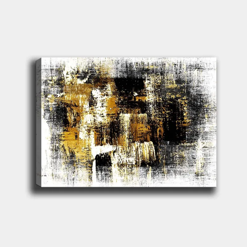 Lærred 70x100 cm - Abstrakt kunst med elementer af guld og sort, Guld / Sort / Hvid