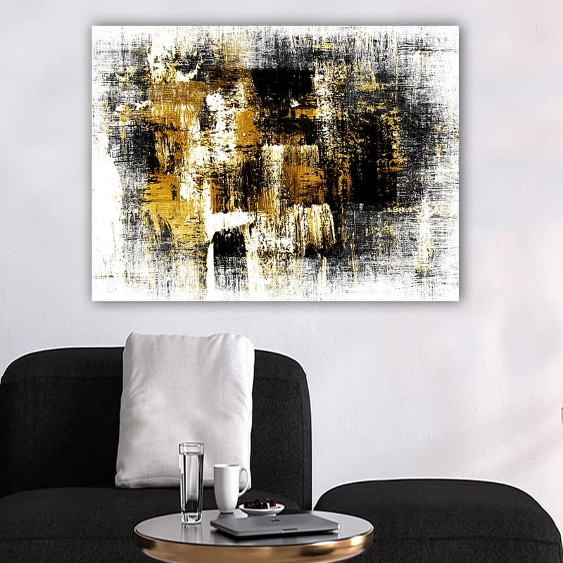 Lærred 70x100 cm - Abstrakt kunst med elementer af guld og sort - Guld / Sort / Hvid - Boligtilbehør - Billeder & kunst - Billeder på lærred