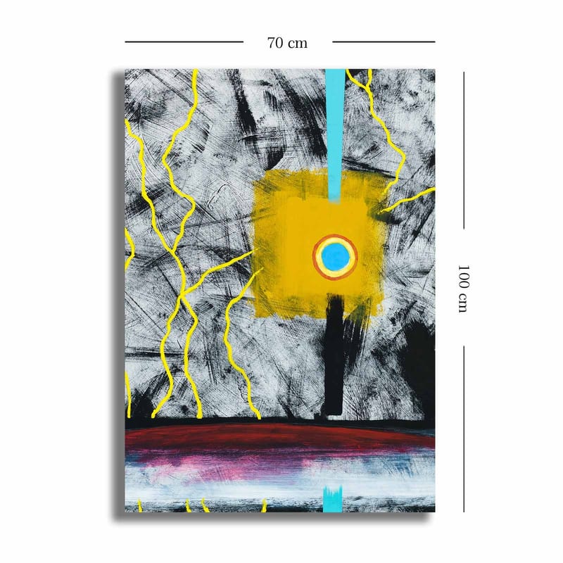 Lærred 70x100 cm - Abstrakt kunst med en central gul firkant og en blå cirkel, omgivet af sorte og hvide linjer - Gul / Sort / Blå - Boligtilbehør - Billeder & kunst - Billeder på lærred