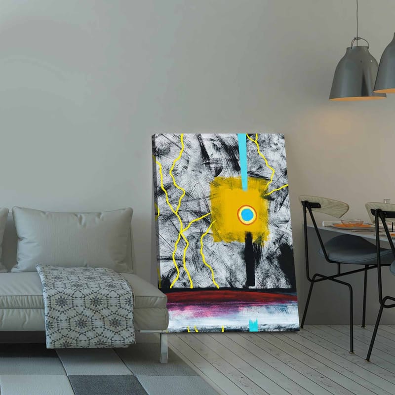 Lærred 70x100 cm - Abstrakt kunst med en central gul firkant og en blå cirkel, omgivet af sorte og hvide linjer, Gul / Sort / Blå