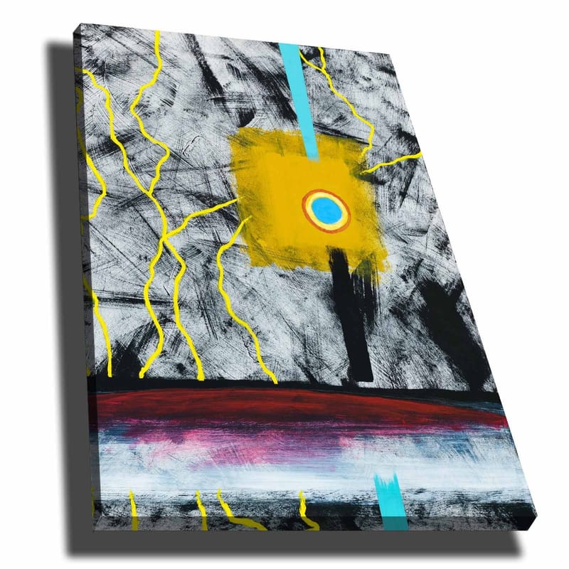 Lærred 70x100 cm - Abstrakt kunst med en central gul firkant og en blå cirkel, omgivet af sorte og hvide linjer - Gul / Sort / Blå - Boligtilbehør - Billeder & kunst - Billeder på lærred