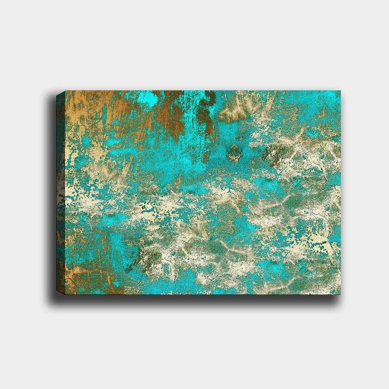 Lærred 70x100 cm - Abstrakt kunst med en harmonisk blanding af turkise og gyldne nuancer, Turkis / Guld / Hvid