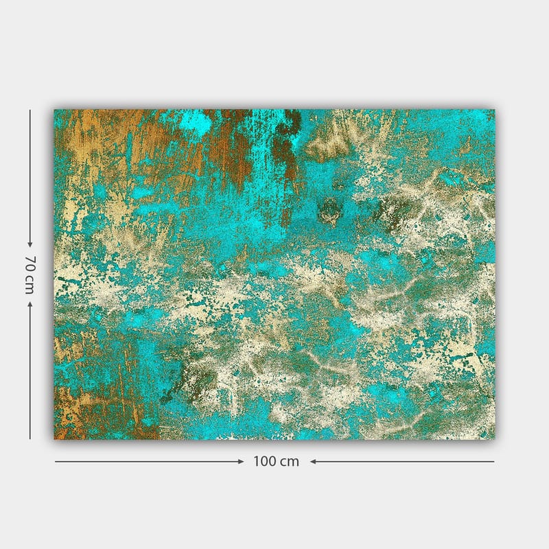 Lærred 70x100 cm - Abstrakt kunst med en harmonisk blanding af turkise og gyldne nuancer - Turkis / Guld / Hvid - Boligtilbehør - Billeder & kunst - Billeder på lærred