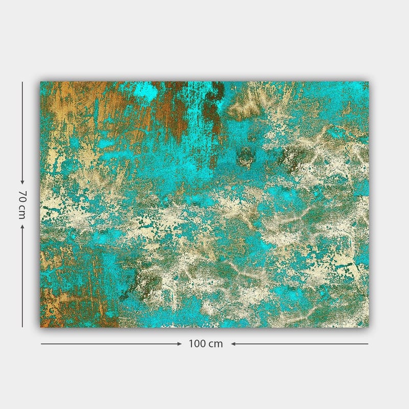 Lærred 70x100 cm - Abstrakt kunst med en harmonisk blanding af turkise og gyldne nuancer - Turkis / Guld / Hvid - Boligtilbehør - Billeder & kunst - Billeder på lærred