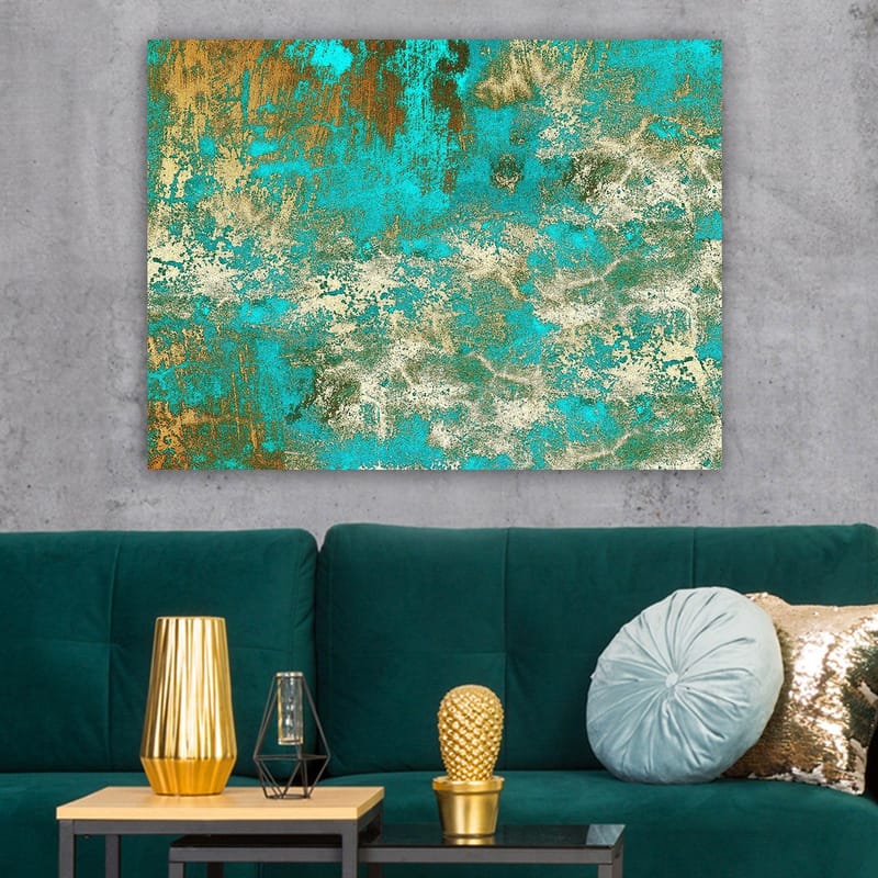 Lærred 70x100 cm - Abstrakt kunst med en harmonisk blanding af turkise og gyldne nuancer - Turkis / Guld / Hvid - Boligtilbehør - Billeder & kunst - Billeder på lærred