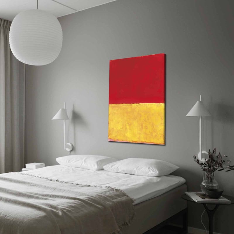 Lærred 70x100 cm - Abstrakt kunst med en rød øvre del og en gylden nedre del, Rød / Guld