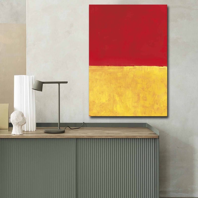 Lærred 70x100 cm - Abstrakt kunst med en rød øvre del og en gylden nedre del - Rød / Guld - Boligtilbehør - Billeder & kunst - Billeder på lærred