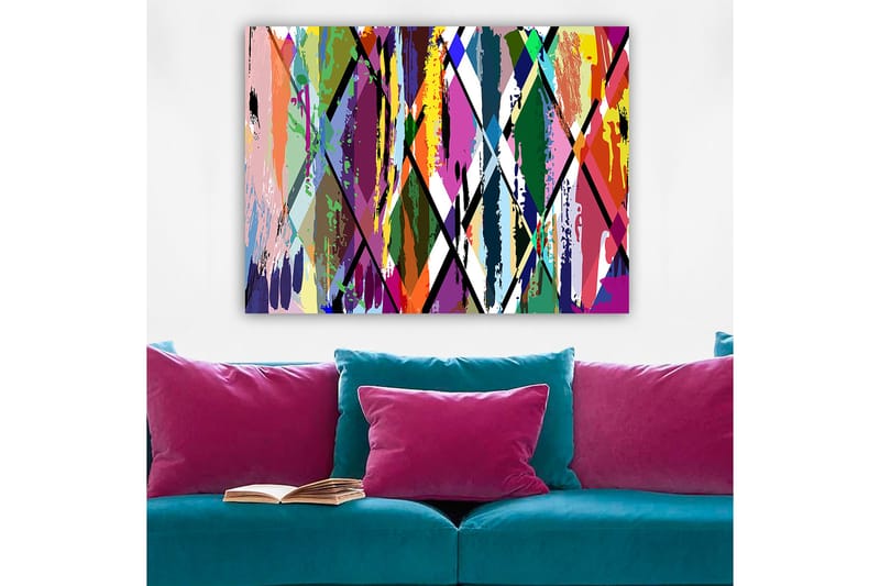 Lærred 70x100 cm - Abstrakt kunst med farverige geometriske mønstre, Lilla / Grøn / Orange