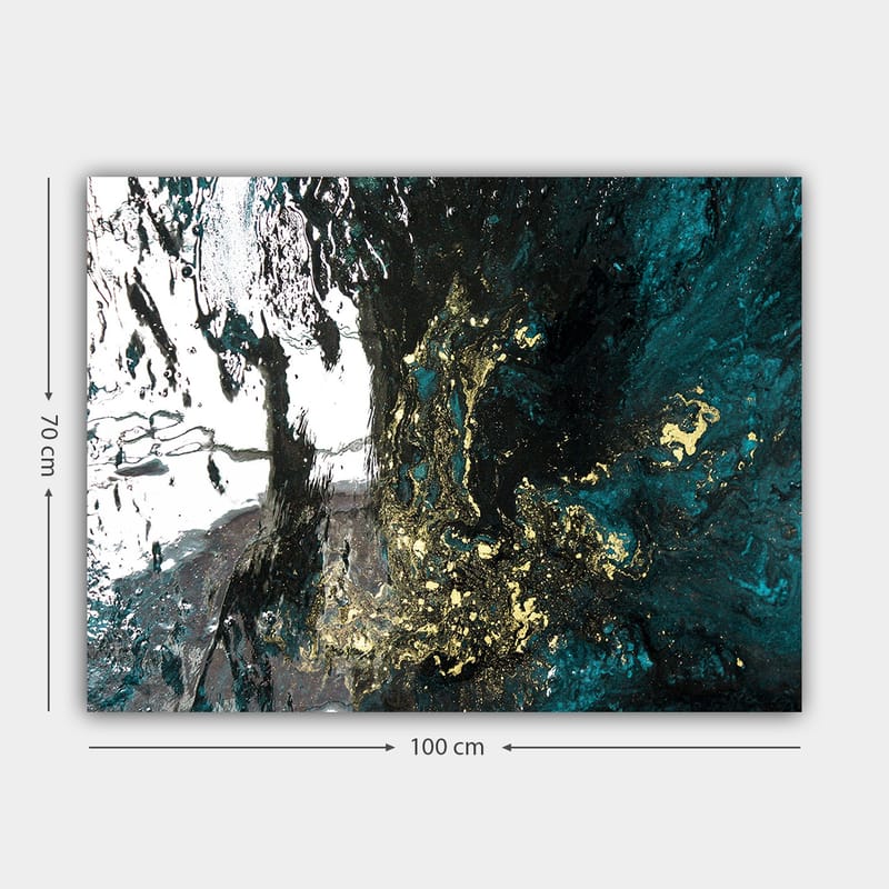 Lærred 70x100 cm - Abstrakt kunst med flydende former i dybe blå og gyldne nuancer - Mørkeblå / Guld / Sort - Boligtilbehør - Billeder & kunst - Billeder på lærred