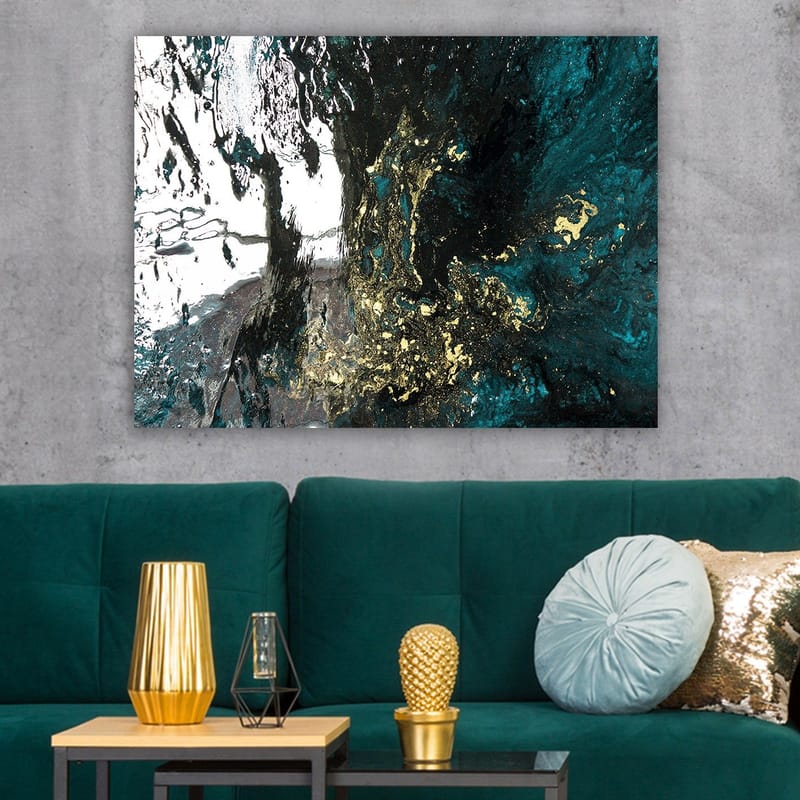 Lærred 70x100 cm - Abstrakt kunst med flydende former i dybe blå og gyldne nuancer - Mørkeblå / Guld / Sort - Boligtilbehør - Billeder & kunst - Billeder på lærred