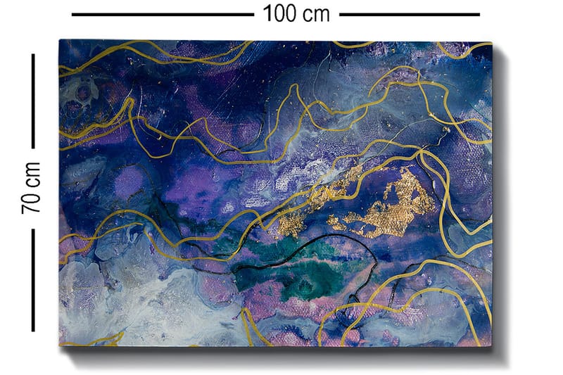 Lærred 70x100 cm - Abstrakt kunst med flydende former i dybe blå og lilla nuancer - Mørkeblå / Lilla / Guld - Boligtilbehør - Billeder & kunst - Billeder på lærred
