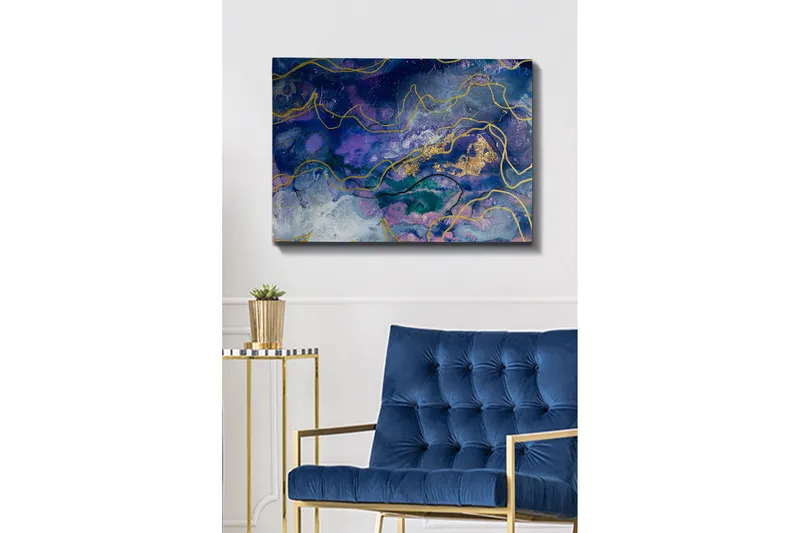 Lærred 70x100 cm - Abstrakt kunst med flydende former i dybe blå og lilla nuancer, Mørkeblå / Lilla / Guld