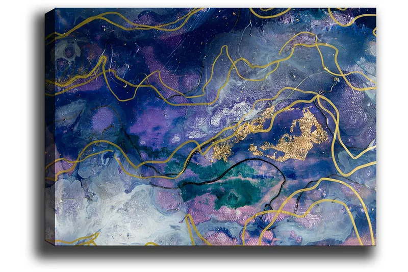 Lærred 70x100 cm - Abstrakt kunst med flydende former i dybe blå og lilla nuancer - Mørkeblå / Lilla / Guld - Boligtilbehør - Billeder & kunst - Billeder på lærred