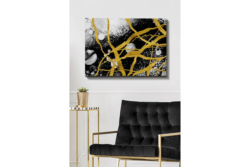 Lærred 70x100 cm - Abstrakt kunst med guldtråde, der skaber dynamiske linjer mod en sort-hvid baggrund, Guld / Sort / Hvid