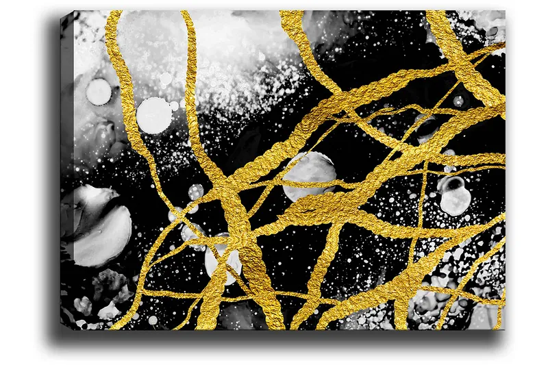 Lærred 70x100 cm - Abstrakt kunst med guldtråde, der skaber dynamiske linjer mod en sort-hvid baggrund - Guld / Sort / Hvid - Boligtilbehør - Billeder & kunst - Billeder på lærred