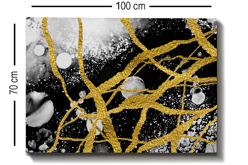 Lærred 70x100 cm - Abstrakt kunst med guldtråde, der skaber dynamiske linjer mod en sort-hvid baggrund - Guld / Sort / Hvid - Boligtilbehør - Billeder & kunst - Billeder på lærred