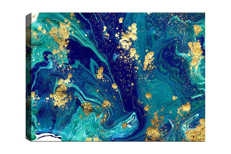 Lærred 70x100 cm - Abstrakt kunst med hvirvlende blå og grønne mønstre og et strejf af guld, Mørkeblå / Turkis / Guld